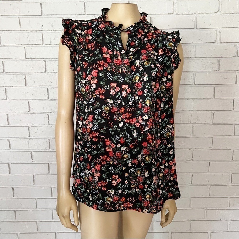 LOFT Black Floral Ruffle High Neck Sleeveless Blouse Multi Color Boho L